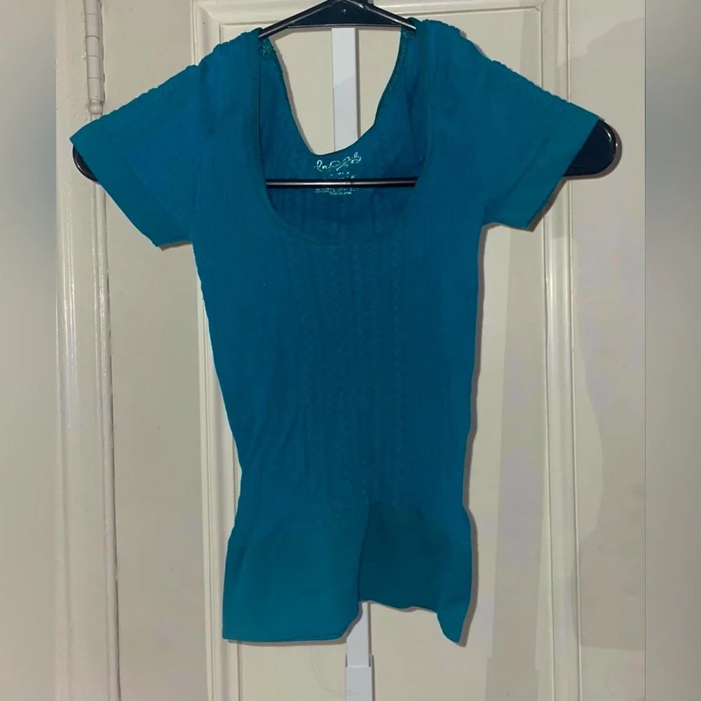 Free People Intimately Blue Green Textured Scoop Kneck Crop Tee XS/Smalll